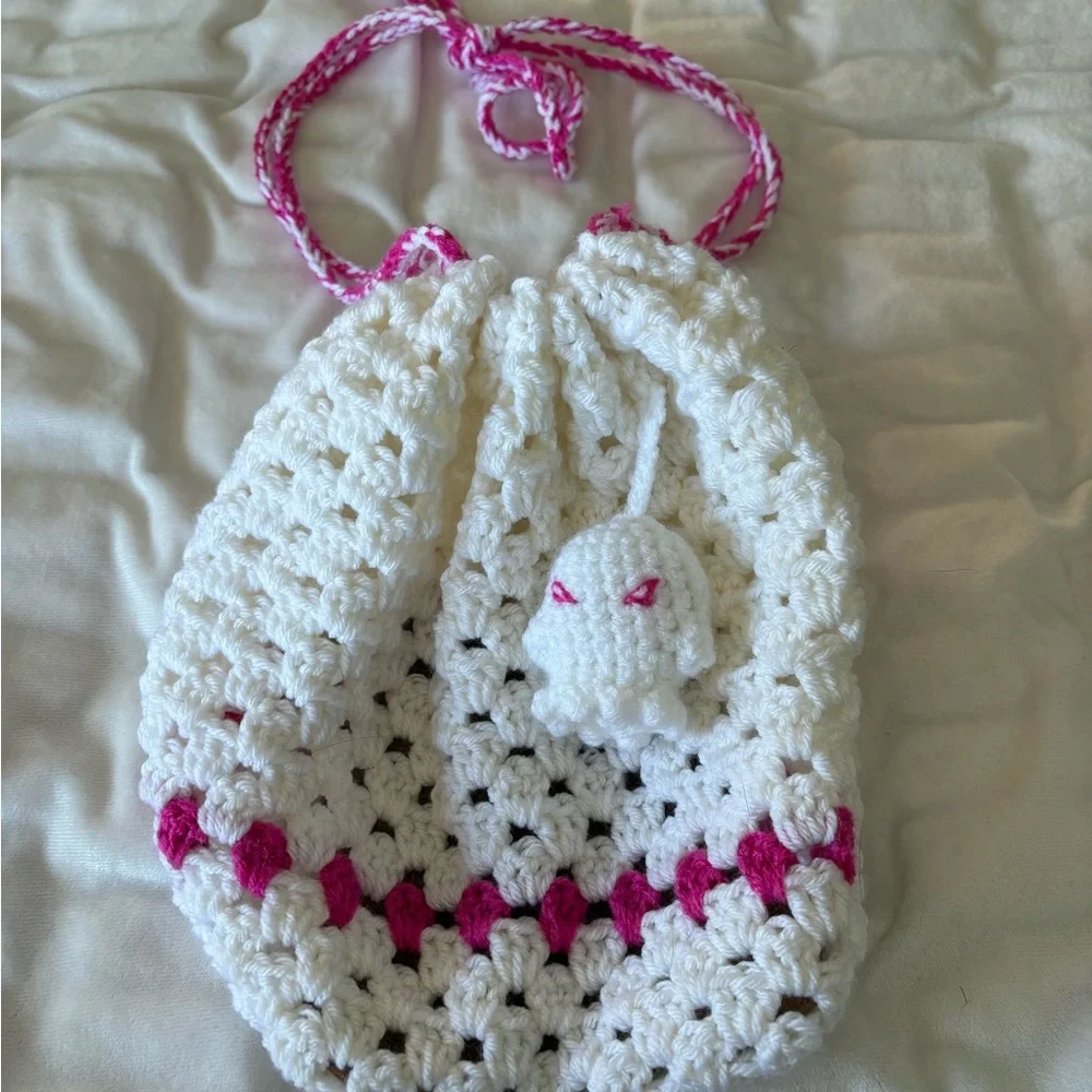 Charming White and Pink Crochet Kids Bag